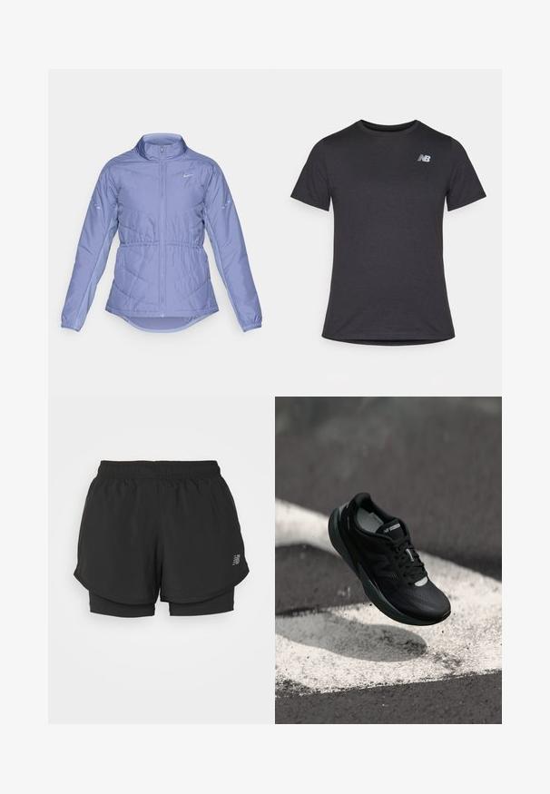 Ljuslila vadderad jacka med fullständig dragkedja fram, hög krage, elastiska manschetter och reflekterande Nike-logotyper på bröstet och ärmarna.; Svart t-shirt med kort ärm, tillverkad av mjukt tyg, med en liten grå New Balance-logotyp på övre vänstra bröstet, klassisk rundhalsdesign.; Svarta atletiska shorts med elastisk midja, med en lagerdesign och ett inre foder. Tyget verkar lätt och slätt.; Svart löparsko med en texturerad ovandel, slankt design och reflekterande detaljer. Har en mjuk, dämpad sula för komfort.