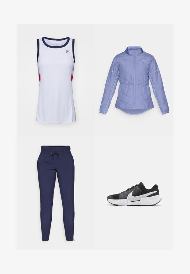 Chaqueta acolchada de color lila claro con cremallera frontal completa, cuello alto, puños elásticos y logotipos reflectantes de Nike en el pecho y las mangas.; Top atlético sin mangas en blanco con ribetes en azul marino y acentos rojos. Cuenta con un cuello redondo y el logo de Fila en el pecho. Tejido suave y ligero.; Pantalones jogger azul marino con cintura elástica y cordón ajustable, con piernas ajustadas y puños de tobillo acanalados. Textura de tela suave.; Zapatillas deportivas en blanco y negro con un upper texturizado, un prominente swoosh de Nike y un diseño de suela contrastante para mejorar el agarre y la estabilidad.