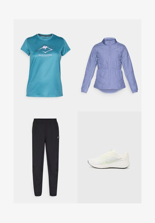 Light purple padded jacket with full front zipper, high collar, elastic cuffs, and reflective Nike logos on chest and sleeves.; Teal performance t-shirt made of smooth, moisture-wicking fabric. Features a pink and black mountain graphic and round neckline.; Black sports pants featuring an elastic waistband, tapered legs with cuffs, made of a lightweight, smooth material, and a small logo on the thigh.; Nike Performance DOWNSHIFTER 13 - Road running shoes - sail/silver-coloured photon dust/summit white/barely volt/black