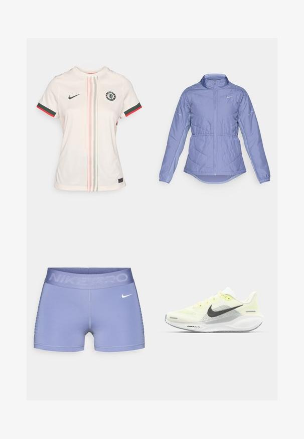 Chaqueta acolchada de color lila claro con cremallera frontal completa, cuello alto, puños elásticos y logotipos reflectantes de Nike en el pecho y las mangas.; Camiseta de fútbol color crema claro con cuello redondo, mangas cortas, logo del Chelsea FC, franjas de acento verdes y rojas, y detalles de patrón vertical.; Bermudas de compresión Nike Pro en púrpura claro, con una cinturilla ancha que lleva el texto "NIKE PRO", textura suave y detalles laterales en patrón.; Zapatillas de correr Nike con una parte superior de malla en amarillo claro y blanco, detalles en gris y una suela de goma flexible. Cuenta con un cierre de cordones.