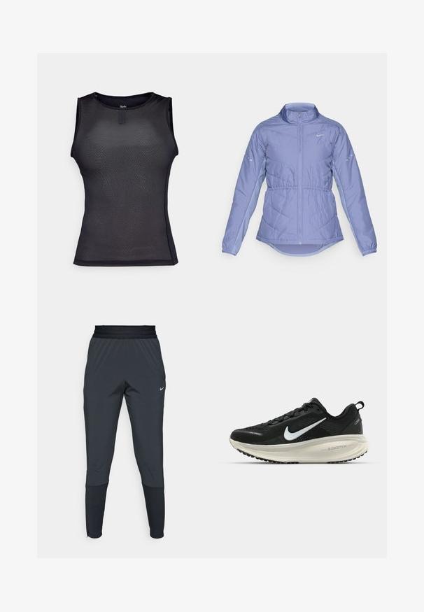 Helle lila gepolsterte Jacke mit durchgehendem Reißverschluss, hohem Kragen, elastischen Bündchen und reflektierenden Nike-Logos auf der Brust und den Ärmeln.; Schwarzes ärmelloses Performance-Top aus strukturiertem Netzmaterial. Verfügt über einen runden Hals, ein eng anliegendes Design und minimale Nähte.; Dunkle graue Nike Sporthosen mit einem schmal zulaufenden Bein-Design, elastischem Bund und Akzentdetails in der Nähe der Bündchen.; Schwarzer Nike-Laufschuh mit atmungsaktivem Mesh-Obermaterial, weißem Swoosh-Logo, strukturierten Details und einer cremefarbenen ZoomX-Zwischensohle.