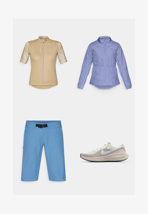 Gaiši purpura krāsas polsterēta jaka ar pilnu priekšējo rāvējslēdzēju, augstu apkakli, elastīgām aprocēm un atstarotājiem Nike logo uz krūškurvja un piedurknēm.; Īsroku velosipēdu džersijs bēšā krāsā ar teksturētu audumu, rozā rāvējslēdzi un diskretu logotipu priekšpusē. Pieguļošs dizains, augsta apkakle.; Gaiši zili pārgājienu šorti ar plakanu jostu, regulējamu jostu un sānu kabatām. Izgatavoti no gludas, elpojošas materiāla, ceļa garuma dizains.; Sporta apavi ar gaišpelēku acs virsu, baltu Nike swoosh, mīkstu starpzoli, elegantu formu un melnu gumijas zoli ar protektora dizainu.