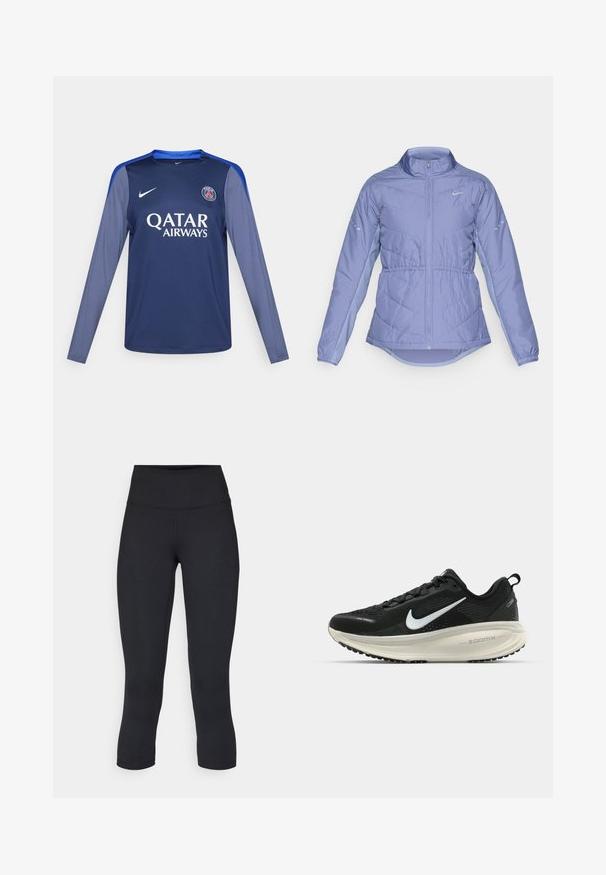 Heledane lilla pehmendatud jakk, millel on täispikk tõmblukk, kõrge kaelus, elastsed mansetid ning peegeldavad Nike logo rinnal ja varrukatel.; Tumesinine pika varrukaga särk siniste aktsentidega, Nike logo rinnal ja valged tähestikud 'QATAR AIRWAYS'. Sile kangas, sportlik lõige.; Mustad mustad õhukesed leggingud, mis on valmistatud venivast kangast, kõrge vöökoha ja siledaga, ilma nähtavate mustrite või metalldetailideta.; Musthave mustus Nike jooksujalats, millel on hingav võrgust ülemine osa, valge swoosh logo, tekstuuriga detailid ja kreemja värvusega ZoomX vahevöö.