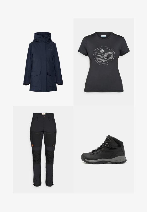 Chaqueta impermeable azul marino con cuello alto, grandes bolsillos frontales y cierres con cremallera. Los puños forrados de forro polar aportan calor y comodidad.; Camiseta negra de Columbia con un arte lineal circular de montaña y río en blanco y el texto "Columbia Sportswear Company Fuera desde 1938."; Fjällräven KEB AGILE TROUSERS - Pantalones montañeros largos - black; Bota de senderismo negra con un diseño de medio caña, que cuenta con una parte superior texturizada, acentos grises y una suela de goma duradera con tacos de tracción.