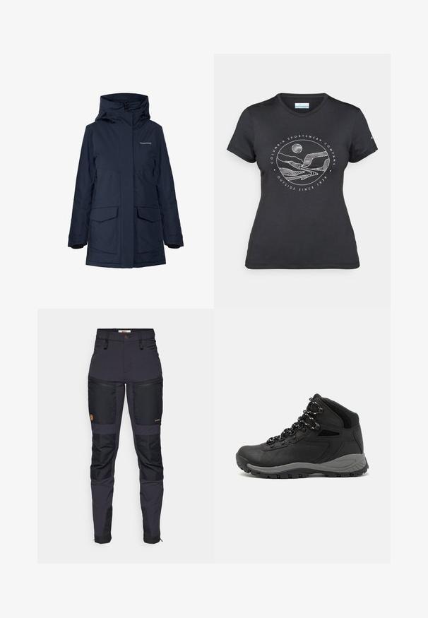 Tumesinine veekindel jope kõrge krae, suurte esitaskute ja tõmblukuga sulguritega. Fliisvoodriga varrukaservad lisavad soojust ja mugavust.; Musternine Columbia T-särk mustas värvuses, millel on valge ümmargune mägi ja jõe joonistus ning tekst "Columbia Sportswear Company Outside Since 1938."; Tumed hallid püksid mustade tugevdatud laikudega. Omadusteks on lukuga taskud, sobiv disain ja vastupidav kangatekstuur.; Mustarjaline matkasaabas, millel on keskmine disain, tekstuuriga ülemine osa, hallid aktsendid ja vastupidav kummist põhi, millel on haardelugesid.