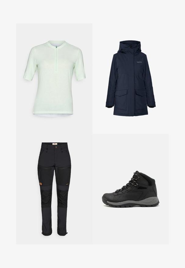 Marineblå vanntett jakke med høy krage, store frontlommer og glidelåslukking. Fôrede mansjetter i fleece gir varme og komfort.; Lys grøn t-skjorte med kort erm og høy hals, med glidelås foran, laget av et mykt og pustende stoff. Tettsittende design med flate sømmer.; Fjällräven KEB AGILE TROUSERS - Friluftsbukser - black; Sorte turstøvler med mid-topp design, som har en teksturert overdel, grå detaljer og slitesterk gummisåle med godt grep.