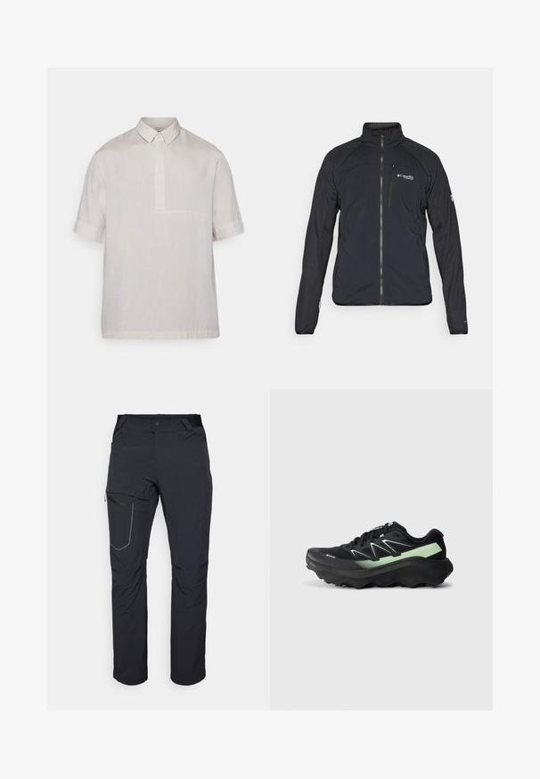 Veste noire avec fermeture éclair, col montant et manches longues. Fabriquée en matériau léger avec une texture lisse. Logo sur la poitrine.; Chemise à col à manches courtes en lin beige clair. Dotée d'une patte de boutonnage demi-longueur et d'une texture subtile. Design épuré et minimaliste.; Pantalon d'extérieur noir avec poche sur la cuisse zippée, taille élastique et tissu lisse, résistant à l'eau. Design épuré sans logos visibles.; Chaussure de running Salomon noire et verte avec une semelle épaisse et un tread agressif, présentée en profil gauche sur fond blanc.