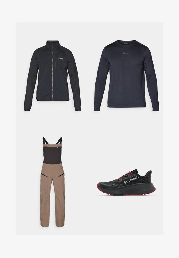 Melna jaka ar rāvējslēdzēju, augstu apkakli un garām piedurknēm. Izgatavota no viegla materiāla ar gludu tekstūru. Logo uz krūtīm.; Ilgi piedurkņu, tumši zils sporta krekls, kas izgatavots no viegla, elpojoša auduma ar teksturētu virsmu un mazu baltu logo uz krūškurvja.; Brūnas un melnas āra bikses ar regulējamām plecu siksnām un ar rāvējslēdzējiem kabatām uz krūšu un augšstilbiem.; Melnas sporta kurpes ar teksturētu augšdaļu, sarkanām auklām un logotipu. Bieza zole ar rakstainu protektoru, lai nodrošinātu saķeri. Minimālisma dizains, sānu skats.