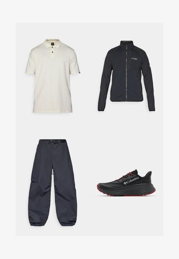 Czarna kurtka z zamkiem błyskawicznym, wysokim kołnierzem i długimi rękawami. Wykonana z lekkiego materiału o gładkiej fakturze. Logo na klatce piersiowej.; Koszulka polo z krótkim rękawem w jasnym beżowym kolorze, wykonana z bawełny, z klasycznym kołnierzykiem, zapięciem na trzy guziki oraz małym logo na lewym rękawie.; Ciemnoszare spodnie cargo wykonane z miękkiego, trwałego materiału. Mają szeroki, luźny krój, wiele kieszeni oraz pasek w talii do regulacji.; Czarny sportowy but z teksturowaną cholewką, czerwonymi sznurówkami i logo. Gruba podeszwa z wzorzystym bieżnikiem dla lepszej przyczepności. Minimalistyczny design, widok z boku.