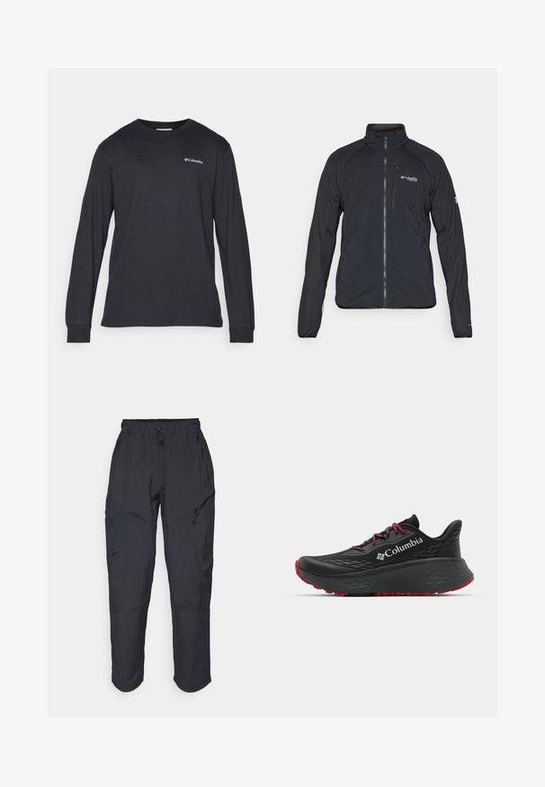 Fekete dzseki cipzárral, magas gallérral és hosszú ujjakkal. Könnyű, sima textúrájú anyagból készült. Logó a mellkason.; Hosszúujjú póló sötétszürke pamutból, kerek nyakkal és diszkrét logóval a bal mellen, megkötött ujjakra.; Fekete cargo nadrág, könnyű, vízálló anyagból; rugalmas derékrésszel, több cipzáras zsebbel és szűkített lábszárral rendelkezik.; Fekete sportcipő texturált felsőrésszel, piros fűzőkkel és logóval. Vastag talp, mintás járófelülettel a tapadásért. Minimalista dizájn, oldalnézet.