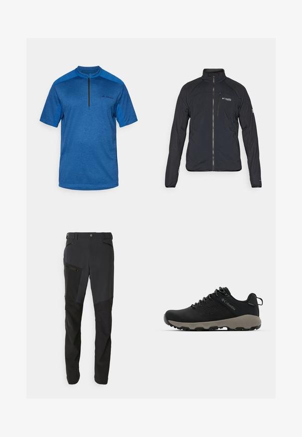 Veste noire avec fermeture éclair, col montant et manches longues. Fabriquée en matériau léger avec une texture lisse. Logo sur la poitrine.; T-shirt de sport bleu à manches courtes avec un col zippé mi-hauteur, tissu texturé, accents contrastants sur les épaules et logo sur la poitrine.; Pantalons en gris foncé et noir, présentant un mélange de textures, plusieurs poches zippées et un design à jambe droite. Matériau durable utilisé.; Chaussure de randonnée noire avec une tige lisse, un design perforé, une semelle extérieure grise et un talon renforcé. Comprend des lacets et une languette pour un enfilage facile.