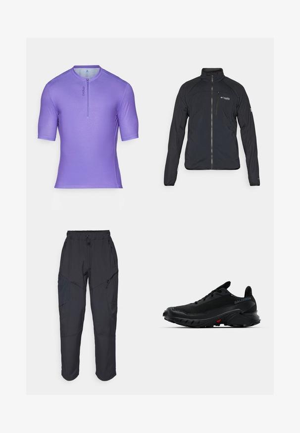 Mustmustaga, millel on lukuga sulgemine, kõrge krae ja pikad varrukad. Valmistatud kergest materjalist, millel on sile tekstuur. Logo rinnal.; Lühikeste varrukatega lilla särk, millel on kõrge kaelus, eespool poolt tõmbatav tõmblukk, sile kangas ja õrn logo selle vasakul küljel.; Mustad mustad püksid, mis on valmistatud kergest veekindlast materjalist; sisaldavad elastset vööd, mitmeid lukuga taskuid ja kitsenevaid jalgu.; Mustad mustes spordijalatsid tekstureeritud pealmise osaga, ümarate varvastega ja silmapaistva kummise alusega. Küljel on logo ning tallal punased detailid.