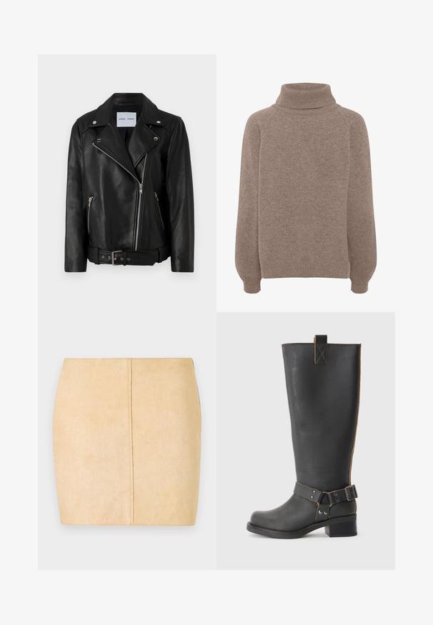 Fekete bőr motoros kabát ezüst színű cipzárakkal, övvel ellátott derékkal és kiemelkedő hajtókák. Két cipzáras zsebbel rendelkezik és sima tapintású.; Barna kötött pulóver magas garbóval, raglánujjakkal és bordás mandzsettával. Puha tapintású, laza szabású. Nincsenek látható minták vagy díszítések.; Beige nubuk bőrből készült mini szoknya, sima textúrával, testhezálló fazonnal és középső varrással. Nincs látható fémrész vagy díszítés.; Fekete bőr, térd fölé érő csizma texturált felülettel, oldalán csat díszítéssel és alacsony sarokkal. Részletes varrások a varrások mentén.