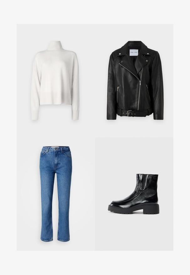 Black leather biker jacket with silver-tone zippers, belted waist, and peaked lapels. Features two zippered pockets and a smooth texture.; White knit turtleneck sweater with a relaxed fit, long sleeves, and ribbed cuffs and hem. Smooth texture, lightweight material.; Blue denim jeans with a straight-leg cut, featuring a classic five-pocket design, orange stitching, and a button fly closure.; Black ankle boots with a glossy patent leather finish, chunky black rubber sole, and raised heel; includes subtle logo detail on the side.