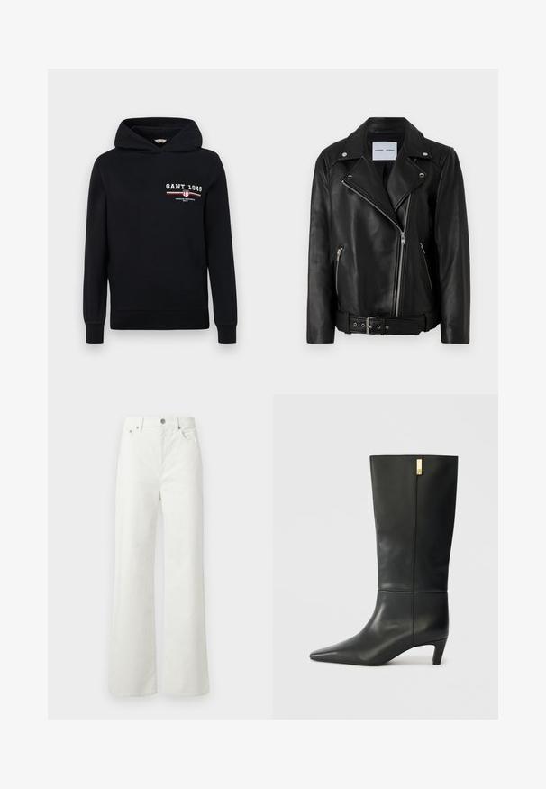 Black leather biker jacket with silver-tone zippers, belted waist, and peaked lapels. Features two zippered pockets and a smooth texture.; Black hoodie made of cotton with a logo featuring "GANT 1949" and striped accents in red and white on the front. Standard fit with a drawstring hood.; Samsøe Samsøe SHELLY - Relaxed fit jeans - clear cream; Black leather knee-high boot with a pointed toe and a small heel. Features a sleek design with a gold accent detail. Smooth texture.