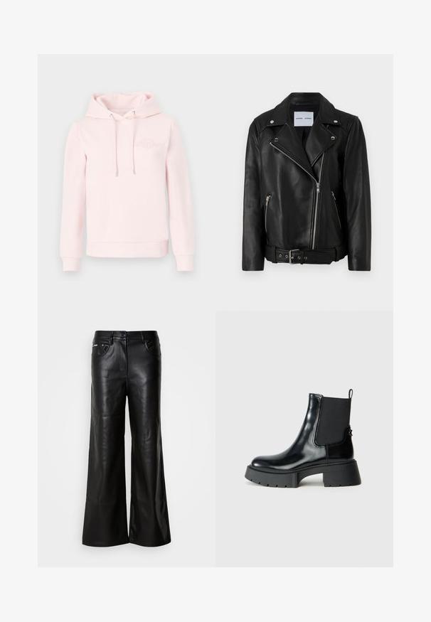 Čierna kožená motorkárska bunda so striebornými zipsami, opaskom v páse a špicatými klopami. Obsahuje dve vrecká na zips a hladkú textúru.; Svetlo ružová mikina s kapucňou vyrobená z mäkkej tkaniny, s kloktanou vreckom, šnúrkou na kapucni a vyšitým logom na hrudi.; Čierne kožené nohavice širokého strihu s hladkou textúrou, s predným zapínaním na gombík, dvoma bočnými vreckami a minimálnymi švovými detailmi.; Čierne členkové topánky vyrobené z lesklej kože s elastickými bočnými panelmi, ťahacím pásikom a robustnou gumovou podrážkou s textúrovaným vzorom.