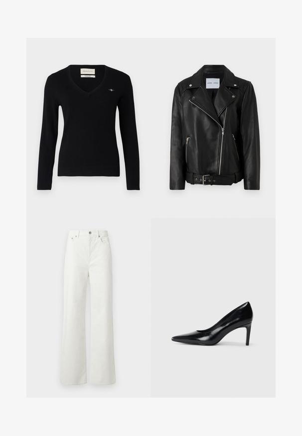 Črna usnjena motoristična jakna z zlatimi zadrgami, pasom z zaponko in koničastimi lapelami. Ima dva žepa z zadrgo in gladko teksturo.; Črn pulover z v-izrezom, izdelan iz mehkega pletenega materiala. Ima dolge rokave, rebraste manšete in majhen vezen logotip na prsih.; Samsøe Samsøe SHELLY - Široke kavbojke - clear cream; Črna usnjena črna čevlja na visokem petu z zašiljenim prstom, gladko teksturo in zoženim peto. Minimalističen dizajn, brez dodatnih okraskov.