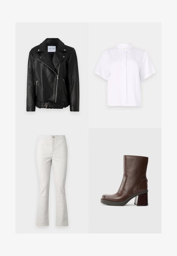 Zwart leren motorjack met zilverkleurige ritsen, ceintuur in de taille en piekende revers. Beschikt over twee ritszakken en een soepele textuur.; Kortgerit shirt in het wit, gemaakt van een gladde stof, met een spitse kraag en een knoopsluiting met een groene accentknop.; Lichtgrijze flared pants van katoenmix. Heeft voorzakken, een knoopsluiting en subtiele stikseldetails langs de naden.; Bruine leren enkelboot met een ronde neus, een gladde textuur en een robuuste houten hak. Zijnaaddetails en een subtiele glans.