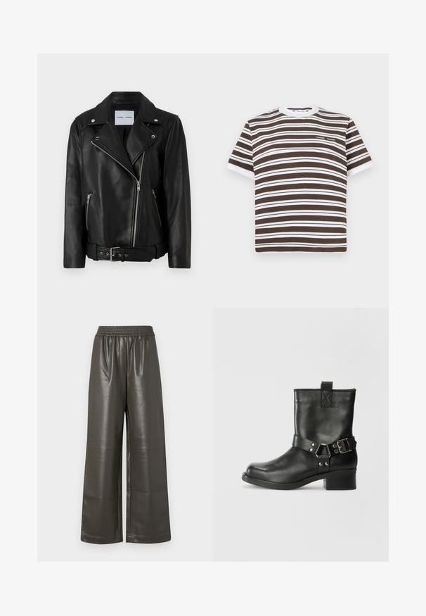 Schwarze Leder-Bikerjacke mit silberfarbenen Reißverschlüssen, tailliertem Bund und spitzen Revers. Verfügt über zwei Reißverschlusstaschen und eine glatte Textur.; Braun-weiße gestreifte Kurzarm-T-Shirt mit Rundhalsausschnitt und kleinem Logo auf der Brust. Hergestellt aus weichem Baumwollmaterial.; Weit geschnittene, dunkelolivgrüne Kunstlederhosen mit einem elastischen Taillenbund und zentralen Nahtdetails, die eine glatte, glänzende Textur aufweisen.; Samsøe Samsøe SABRENTA - Cowboy-/Bikerstiefelette - black