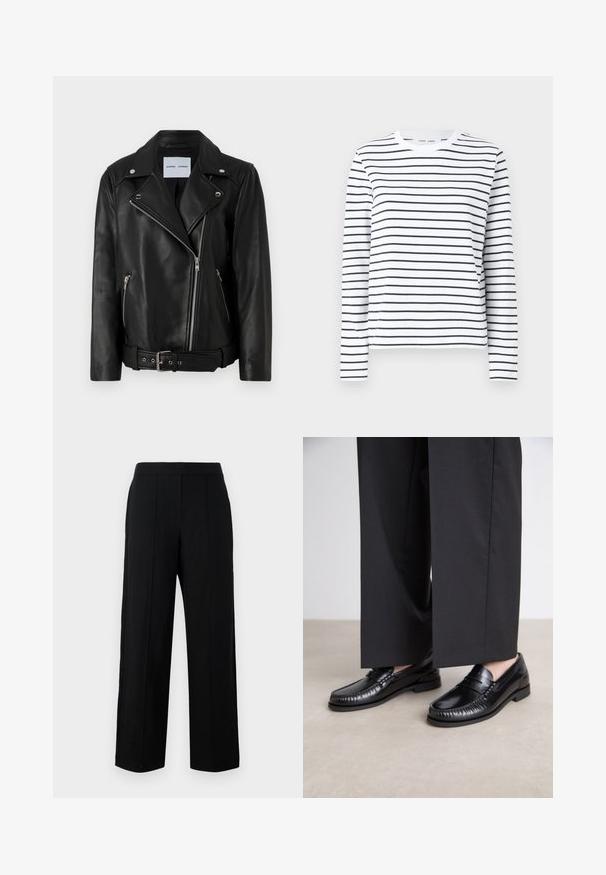 Fekete bőr motoros kabát ezüst színű cipzárakkal, övvel ellátott derékkal és kiemelkedő hajtókák. Két cipzáras zsebbel rendelkezik és sima tapintású.; Hosszú ujjú fehér pamut ing fekete vízszintes csíkokkal. Kerek nyakkal és laza szabással rendelkezik. Nincsenek figyelemfelkeltő díszítések vagy minták.; Fekete, széles lábú nadrág sima anyagból, lapos elülső résszel, két függőleges varrással és egyszerű derékpánttal.; Fekete bőr loaferek sima felülettel, varrott részletekkel az orrnál és alacsony gumitalppal. Széles fekete nadrággal párosítva.