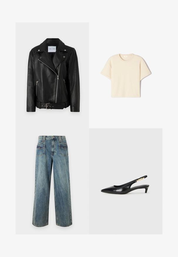 Černá kožená motorkářská bunda s kovovými zipy stříbrné barvy, opaskem v pase a špičatými klopami. Obsahuje dvě kapsy na zip a hladkou texturu.; Krátký rukáv, béžové tričko vyrobené z měkké tkaniny, s kulatým výstřihem a volným střihem, s jemnou strukturou a bez viditelných vzorů.; Světle modré denimové kalhoty s širokými nohavicemi a vysokým pasem, se pěti kapsami, viditelným šitím a mírně zesvětlenou strukturou.; Černé kožené boty na podpatku s otevřenou patou a špičatou špičkou, s tenkým podpatkem a zlatým akcentem na nastavitelném pásku. Hladký povrch.