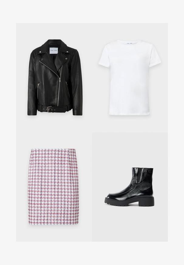 Black leather biker jacket with silver-tone zippers, belted waist, and peaked lapels. Features two zippered pockets and a smooth texture.; White short-sleeve t-shirt made of cotton with a crew neck design. Smooth texture and straight cut, no patterns or accents.; Woven skirt in red, white, and blue checkered pattern, featuring a straight design and smooth texture, with a mid-rise waistline.; Black ankle boots with a glossy patent leather finish, chunky black rubber sole, and raised heel; includes subtle logo detail on the side.