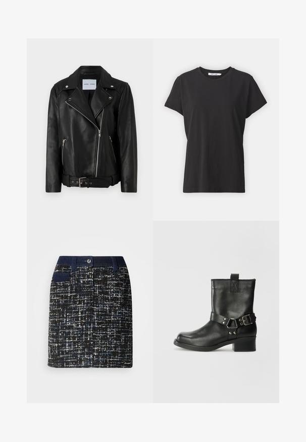 Jachetă de motociclist din piele neagră, cu fermoare din metal argintiu, talie cu curea și rever ascuțite. Dispune de două buzunare cu fermoar și o textură netedă.; Tricou negru din bumbac cu gât clasic, mâneci scurte și o croială lejeră. Textură fină, fără modele sau accente vizibile.; Fustă țesută de culoare neagră cu picături albastre și albe. Prezintă un brâu închis, buzunare frontale și o croială dreaptă. Material texturat.; Samsøe Samsøe SABRENTA - Botine cowboy/biker - black