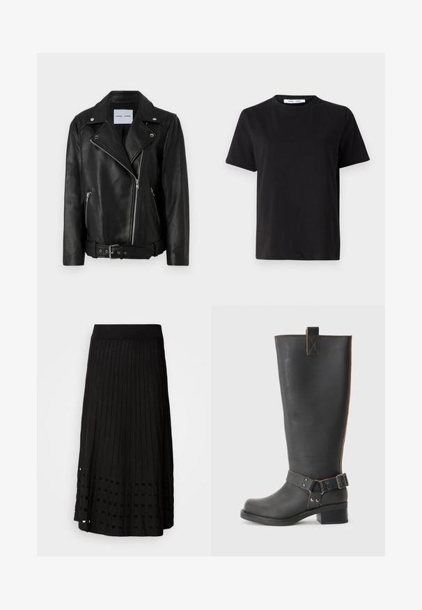Črna usnjena motoristična jakna z zlatimi zadrgami, pasom z zaponko in koničastimi lapelami. Ima dva žepa z zadrgo in gladko teksturo.; Črna majica s kratkimi rokavi iz mehkega bombaža, ki ima okroglo izrezovanje, udoben kroj in gladko teksturo. Brez vidnih vzorcev ali grafike.; Črna plisirana krila z rebrastim pasom, ki ima vzorec okroglih izrezov blizu roba, narejena iz gladkega materiala.; Črne usnjene škornje do kolen z teksturirano obdelavo, ki imajo stranski sponko in nizko peto. Podrobno šivanje po šivih.