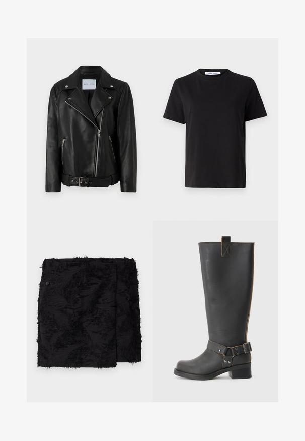 Chaqueta de moto de cuero negro con cremalleras en tono plateado, cintura con cinturón y solapas puntiagudas. Cuenta con dos bolsillos con cremallera y una textura suave.; Camiseta negra de manga corta hecha de algodón suave, con un cuello redondo, corte relajado y una textura lisa. Sin patrones ni gráficos visibles.; Falda negra con tejido texturizado que presenta acentos deshilachados. Forma cuadrada, longitud por encima de la rodilla y detalle de botón lateral.; Bota de cuero negro hasta la rodilla con un acabado texturizado, que presenta un acento de hebilla lateral y un tacón bajo. Costura detallada a lo largo de las costuras.