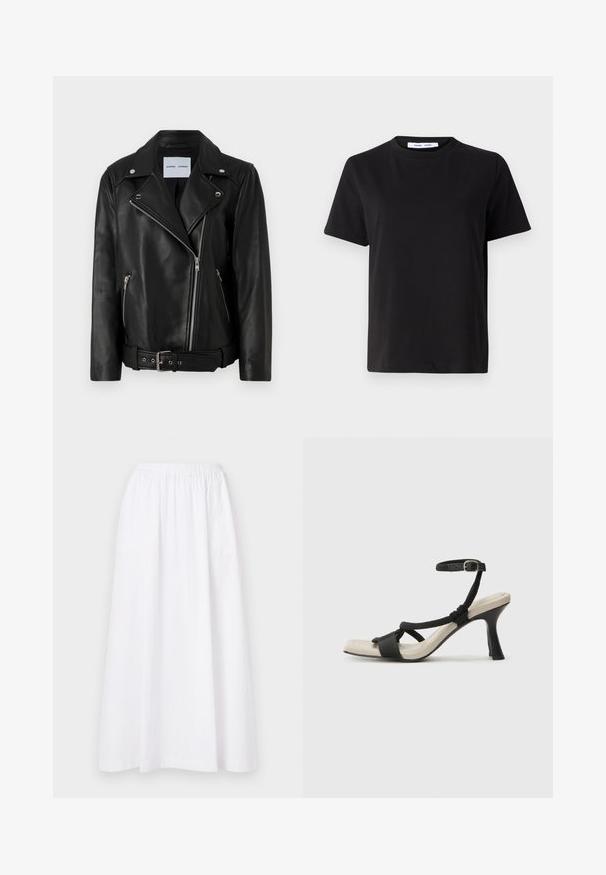 Mustaliselt nahast mootorratturi jope, millel on hõbedased tõmblukud, vöökoht ja teravad kraed. Omab kahte tõmblukuga taskut ja sile tekstuur.; Must have lühikeste varrukatega t-särk, mis on valmistatud pehmest puuvillast, ümmarguse kaelusega, lõdva sobivusega ja sileda tekstuuriga. Ei ole nähtavaid mustreid ega graafikat.; Valge, sääre pikkune seelik elastse vöökohtaga, millel on lihtne disain ja kergest kangast, näidates sujuvat ja ühtlast tekstuuri.; Mustad musta kontsaga sandaal, millel on punutud rihma disain, ruudukujuline varvas ja reguleeritav pahkluu rihm. Heleda beeži värvi jalapadi ja läikiv must konts.