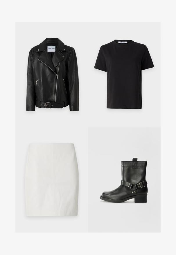 Mustan nahkaisen moottoripyöräjakun hopeanväriset vetoketjut, vyö, ja huippureunat. Sisältää kaksi vetoketjullista taskua ja sileän pinnan.; Musta lyhythihainen t-paita, joka on valmistettu pehmeästä puuvillasta. Paitassa on pyöreä kaula-aukko, rento malli ja sileä pinta. Ei näkyviä kuvioita tai graafisia elementtejä.; Valkoinen nahkainen minihame, jossa on vartaloa myötäilevä siluetti, sileä pinta ja selkeä muotoilu, jossa on vähän saumoja eikä näkyvää metalliosaa.; Samsøe Samsøe SABRENTA - Biker-/cowboynilkkurit - black