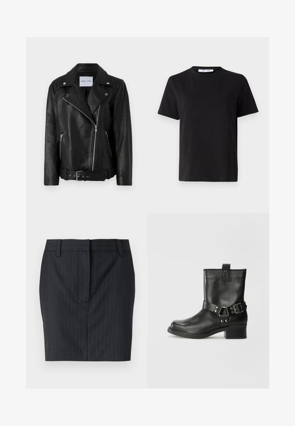 Schwarze Leder-Bikerjacke mit silberfarbenen Reißverschlüssen, tailliertem Bund und spitzen Revers. Verfügt über zwei Reißverschlusstaschen und eine glatte Textur.; Schwarzes T-Shirt mit kurzen Ärmeln aus weicher Baumwolle, mit rundem Ausschnitt, lockerer Passform und glatter Textur. Keine sichtbaren Muster oder Grafiken.; Schwarz-gestreifter, maßgeschneiderter Rock mit Gürtelschlaufen und verdecktem Frontverschluss, vor einem weißen Hintergrund präsentiert.; Samsøe Samsøe SABRENTA - Cowboy-/Bikerstiefelette - black