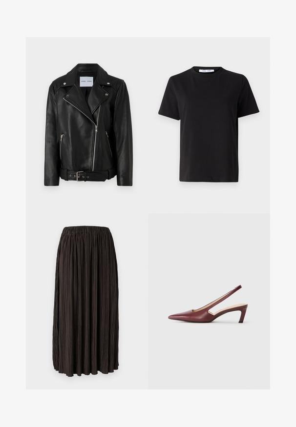 Črna usnjena motoristična jakna z zlatimi zadrgami, pasom z zaponko in koničastimi lapelami. Ima dva žepa z zadrgo in gladko teksturo.; Črna majica s kratkimi rokavi iz mehkega bombaža, ki ima okroglo izrezovanje, udoben kroj in gladko teksturo. Brez vidnih vzorcev ali grafike.; Črna plisirana krila z elastičnim pasom, izdelana iz lahkotnega materiala. Ima vertikalne gube po celotni površini, brez dodatnih detajlov.; Burgundske slingback pete s koničastim nosom, izrezi na straneh in srednje visoko blok peto. Gladek usnjeni zaključek.