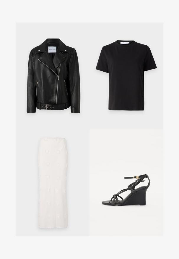 Veste en cuir noir pour motard avec des zips argentés, une taille ceinture et des revers en pointe. Comprend deux poches zippées et une texture lisse.; T-shirt noir à manches courtes en coton doux, avec un col rond, une coupe décontractée et une texture lisse. Pas de motifs ni de graphiques visibles.; Jupe blanche mi-longue en tissu texturé, présentant un motif brodé avec des franges subtiles. Coupe droite et taille sans couture.; Sandales en wedge noires avec de fines lanières croisées et une sangle de cheville réglable avec une boucle dorée. Finition en cuir lisse.