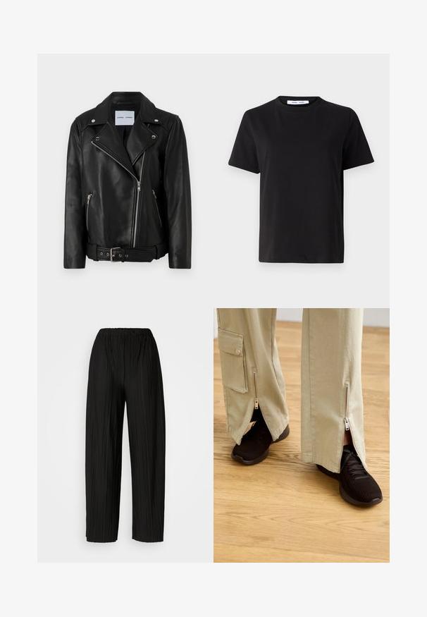 Fekete bőr motoros kabát ezüst színű cipzárakkal, övvel ellátott derékkal és kiemelkedő hajtókák. Két cipzáras zsebbel rendelkezik és sima tapintású.; Fekete, rövid ujjú póló, puha pamutból készült, kerek nyakkivágással, laza szabással és sima textúrával. Nincs látható minta vagy grafikák.; Fekete, pliszírozott, bőszárú nadrág rugalmas derékkal. Az anyag függőleges pliszékkel és sima textúrával rendelkezik.; Beige széles lábú nadrág, cipzárokkal a bokákon, fekete sportcipőkkel kiegészítve, amelyek texturált felsőrésszel és párnázott talppal rendelkeznek.