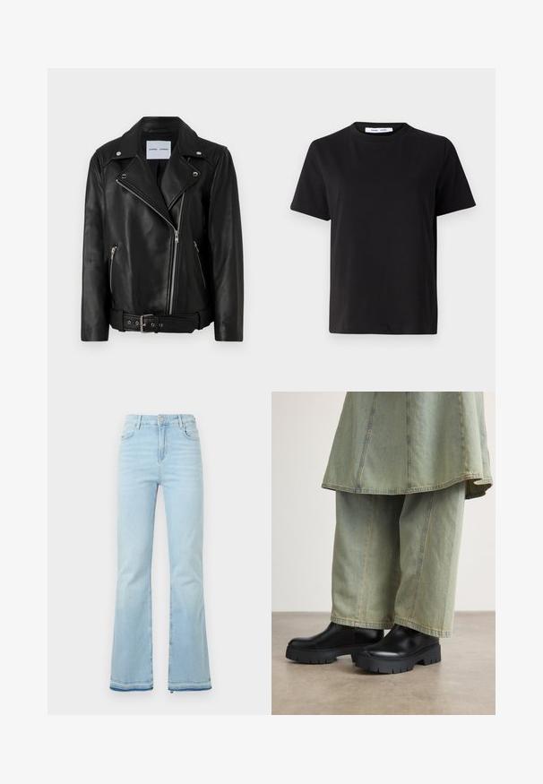 Melnā ādas motocikla jaka ar sudraba tonī rāvējslēdzējiem, jostu viduklī un izteiktiem atlokiem. Satur divas rāvējslēdzēju kabatas un gludu tekstūru.; Melna īsām piedurknēm T-kreklu, kas izgatavots no mīksta kokvilnas, ar apļveida kakla izgriezumu, brīvu piegriezumu un gludu tekstūru. Nav redzamu rakstu vai grafikas.; Gai zilgani zvīles, kas izgatavotas no džinsa, ar augstu vidukli, priekšējām kabatām un neapstrādātu apakšmalu, nodrošinot ikdienišķu izskatu.; Melnas potītes zābaki ar masīvu, strukturētu zoli, kombinēti ar platām, gaiši zaļām džinsu biksēm, kurām ir kontrastējošas šuves.
