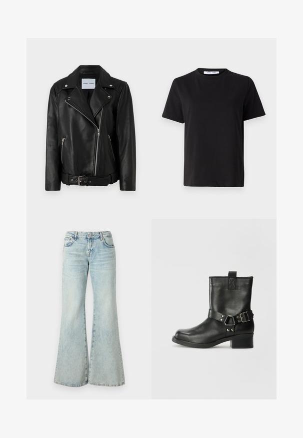 Black leather biker jacket with silver-tone zippers, belted waist, and peaked lapels. Features two zippered pockets and a smooth texture.; Black short-sleeve t-shirt made of soft cotton, featuring a round neckline, relaxed fit, and a smooth texture. No visible patterns or graphics.; Light blue flared jeans made from denim, featuring a high waist, pockets, and frayed hems. The fabric displays a faded wash and subtle texture.; Samsøe Samsøe SABRENTA - Cowboy/biker ankle boot - black