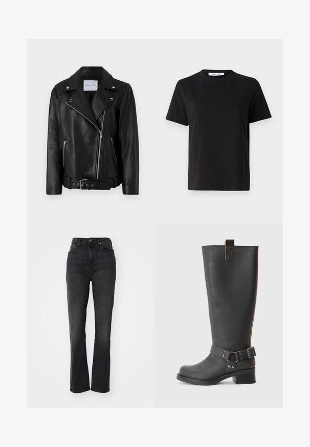 Jaqueta de motociclismo em couro preto com fechos de correr em tom prateado, cintura com cinto e lapelas anguladas. Apresenta dois bolsos com zíper e uma textura suave.; T-shirt preto de manga curta feito de algodão suave, com decote redondo, ajuste descontraído e uma textura suave. Sem padrões ou gráficos visíveis.; Jeans de ganga pretos de cintura alta com pernas retas, design de cinco bolsos, fecho frontal com botão e detalhes de costura minimalistas.; Bota preta de couro até ao joelho com um acabamento texturizado, apresentando um detalhe de fivela lateral e um salto baixo. Costura detalhada ao longo das costuras.