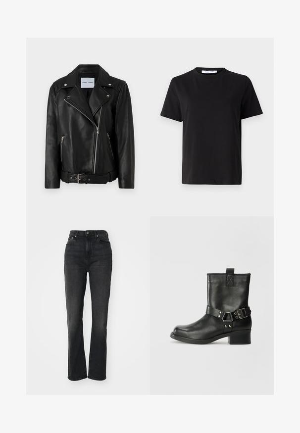 Jachetă de motociclist din piele neagră, cu fermoare din metal argintiu, talie cu curea și rever ascuțite. Dispune de două buzunare cu fermoar și o textură netedă.; Tricou negru cu manșon scurt, fabricat din bumbac moale, având un guler rotund, o croială lejeră și o textură netedă. Fără modele sau grafice vizibile.; Jeans din denim negri, cu talie înaltă, cu picioare drepte, design cu cinci buzunare, închidere frontală cu nasture și detalii minime de cusătură.; Samsøe Samsøe SABRENTA - Botine cowboy/biker - black