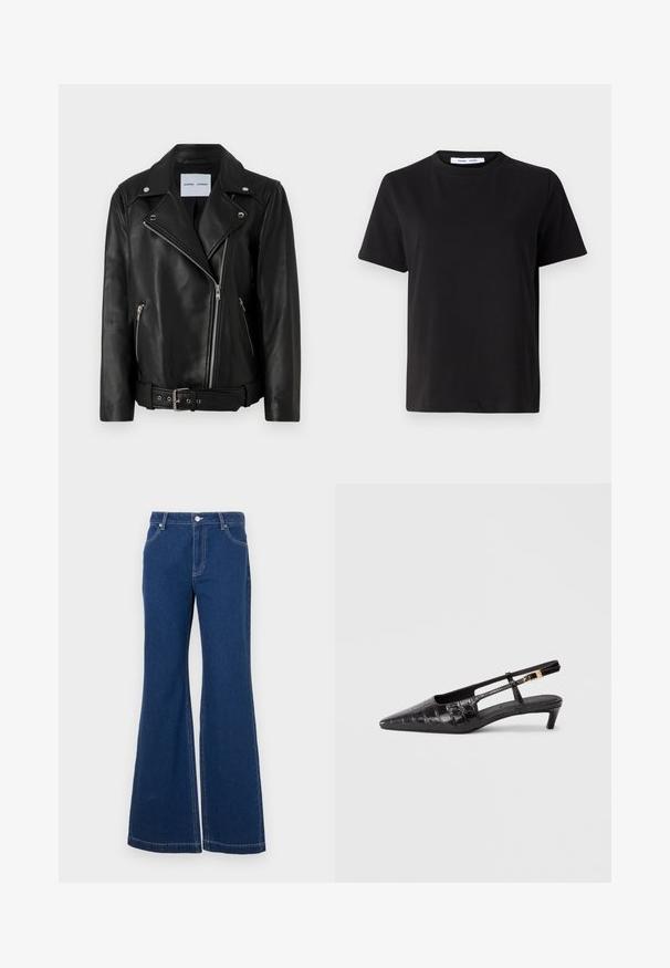 Mustan nahkaisen moottoripyöräjakun hopeanväriset vetoketjut, vyö, ja huippureunat. Sisältää kaksi vetoketjullista taskua ja sileän pinnan.; Musta lyhythihainen t-paita, joka on valmistettu pehmeästä puuvillasta. Paitassa on pyöreä kaula-aukko, rento malli ja sileä pinta. Ei näkyviä kuvioita tai graafisia elementtejä.; Tummansiniset leveälahkeiset farkut, jotka on valmistettu denimistä. Ominaisuuksiin kuuluvat vyölenkit, etutaskut ja kontrastivärinen ommel. Leveä lahkeensuu.; Musta nahkainen kärjellään terävä slingback-kengä, jossa on krokotiilinnahkatekstuuri, pieni pinottu korko ja säädettävä hihna metallisoljella.
