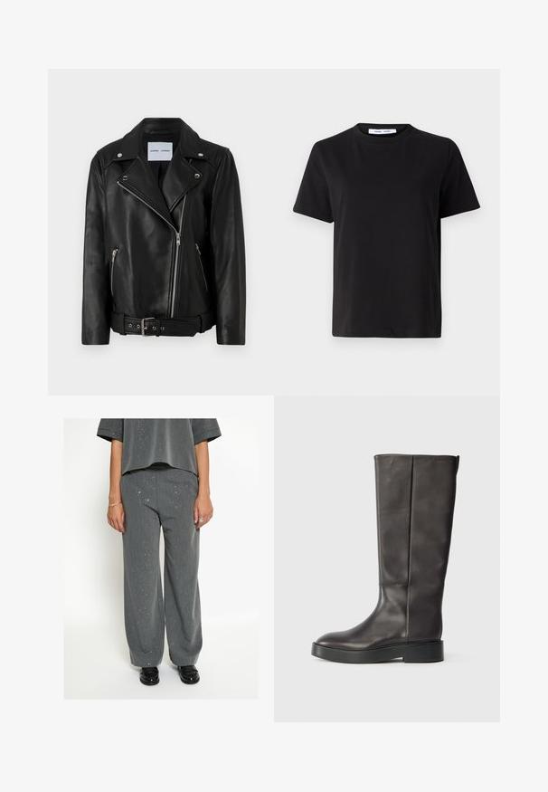 Mustaliselt nahast mootorratturi jope, millel on hõbedased tõmblukud, vöökoht ja teravad kraed. Omab kahte tõmblukuga taskut ja sile tekstuur.; Must have lühikeste varrukatega t-särk, mis on valmistatud pehmest puuvillast, ümmarguse kaelusega, lõdva sobivusega ja sileda tekstuuriga. Ei ole nähtavaid mustreid ega graafikat.; Isik, kes kannab halli laiade jalgadega pükse ja sobivat täpilist särk, musti loafer'ite, hõbedaste sõrmuste ja käevõruga, seisab valge tausta vastu.; Must muste kõrgusse ulatuv must nahast saapad paksu tallaga ja diskreetse Calvin Kleini logoga ülaääres, nähtud külgedelt.