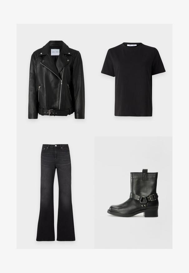 Sort læder bikerjakke med sølvfarvede lynlåse, bælte i taljen og spidse revers. Har to lynlåslommer og en glat tekstur.; Sort t-shirt med korte ærmer fremstillet af blødt bomuld, med rund halsudskæring, afslappet pasform og en glat overflade. Ingen synlige mønstre eller grafik.; Sorte flare jeans i denimstof med høj talje, femlommers design og en let falmet effekt mod benenes kant.; Samsøe Samsøe SABRENTA - Cowboy- / bikerstøvlette - black