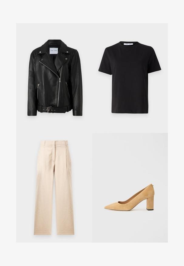 Fekete bőr motoros kabát ezüst színű cipzárakkal, övvel ellátott derékkal és kiemelkedő hajtókák. Két cipzáras zsebbel rendelkezik és sima tapintású.; Fekete, rövid ujjú póló, puha pamutból készült, kerek nyakkivágással, laza szabással és sima textúrával. Nincs látható minta vagy grafikák.; Krémszínű nadrág sima anyagból. Közvetlen szabású, lapos elülső résszel és két redővel rendelkezik. Nincsenek látható minták vagy fémalkatrészek.; Beige velúr magassarkú cipő, hegyes orral és tömzsi sarokkal. Az anyag puha tapintású, sima felületű.