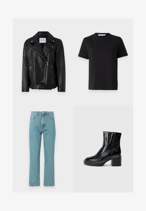 Melnā ādas motocikla jaka ar sudraba tonī rāvējslēdzējiem, jostu viduklī un izteiktiem atlokiem. Satur divas rāvējslēdzēju kabatas un gludu tekstūru.; Melna īsām piedurknēm T-kreklu, kas izgatavots no mīksta kokvilnas, ar apļveida kakla izgriezumu, brīvu piegriezumu un gludu tekstūru. Nav redzamu rakstu vai grafikas.; Gaiši zili, augsta jostasvietā piegriezti džinsi ar taisnu kāju dizainu. Izgatavoti no denima, ar priekšējiem kabatām un pogu aizdari.; Melnas lakotas ādas potītes zābaki ar izliekto purngalu, elastīgām sānu paneļiem un masīvu blokveida papēdi. Aizmugurē ir izsistā logo.