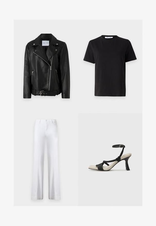 Melnā ādas motocikla jaka ar sudraba tonī rāvējslēdzējiem, jostu viduklī un izteiktiem atlokiem. Satur divas rāvējslēdzēju kabatas un gludu tekstūru.; Melna īsām piedurknēm T-kreklu, kas izgatavots no mīksta kokvilnas, ar apļveida kakla izgriezumu, brīvu piegriezumu un gludu tekstūru. Nav redzamu rakstu vai grafikas.; Baltas platās kājas džinsi ar augstu jostasvietu, ar pogu aizdari, piecu kabatu dizainu un sarullētām malām. Izgatavoti no džinsu auduma.; Melnas augstpapēžu sānijas ar pinuma siksnu dizainu, kvadrātveida purngali un regulējamu potītes siksnu. Gaismas beidzamais kāju paklājiņš ar spīdīgu melnu papēdi.
