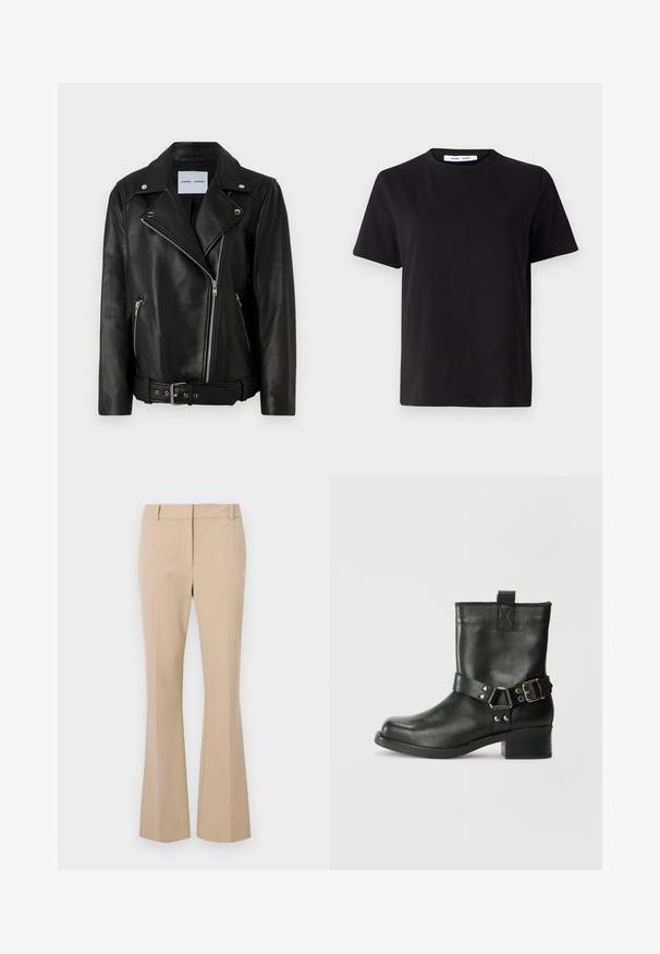 Zwart leren motorjack met zilverkleurige ritsen, ceintuur in de taille en piekende revers. Beschikt over twee ritszakken en een soepele textuur.; Zwart T-shirt met korte mouwen, gemaakt van zachte katoen, met een ronde hals, een ontspannen pasvorm en een gladde textuur. Geen zichtbare patronen of opdrukken.; Beige op maat gemaakte broek met een rechte pasvorm, voorzien van een platte voorkant, riemlussen en een gladde textuur. Geen zichtbare zakken of patronen.; Samsøe Samsøe SABRENTA - Cowboy-/Bikerlaarsjes - black