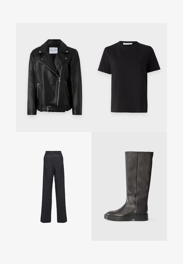 Jachetă de motociclist din piele neagră, cu fermoare din metal argintiu, talie cu curea și rever ascuțite. Dispune de două buzunare cu fermoar și o textură netedă.; Tricou negru cu manșon scurt, fabricat din bumbac moale, având un guler rotund, o croială lejeră și o textură netedă. Fără modele sau grafice vizibile.; Pantaloni cu picioare largi din țesătură gri închis, având talie înaltă, front pliat și o textură netedă, fără închizători sau ornamentații vizibile.; Botină din piele neagră, până la genunchi, cu talpă groasă și logo subtil Calvin Klein aproape de marginea superioară, prezentată din lateral.