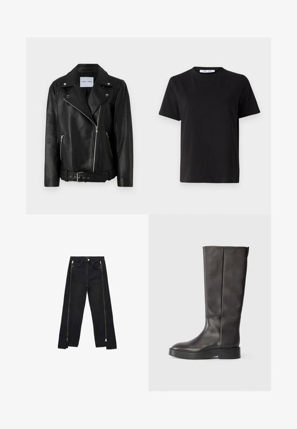 Juodas odinis motociklininko švarkas su sidabro spalvos užtrauktukais, diržu ties juosmeniu ir smailiais atlapais. Yra dvi užtrauktuku užsegamos kišenės ir glotni tekstūra.; Juodas trumpas rankovės marškinėliai, pagaminti iš minkštos medvilnės, su apvaliu iškirpimu, laisvu pritaikymu ir lygiu paviršiumi. Nėra matomų raštų ar grafikos.; Juodos džinsinės kelnės su tiesiu kirpimu, kurios turi auksines užtrauktukus šonuose ir standartinius kišenes juosmens srityje.; Juodos odinės iki kelių botai su storu padu ir subtiliu Calvin Klein logotipu viršuje, matomi iš šono.