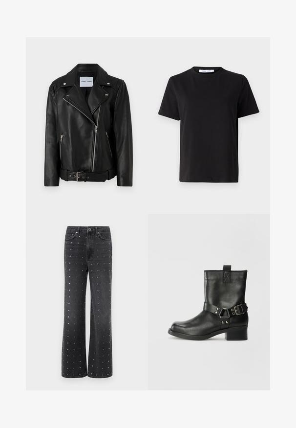 Black leather biker jacket with silver-tone zippers, belted waist, and peaked lapels. Features two zippered pockets and a smooth texture.; Black short-sleeve t-shirt made of soft cotton, featuring a round neckline, relaxed fit, and a smooth texture. No visible patterns or graphics.; Samsøe Samsøe SASHELLY - Wide Leg - black wash; Samsøe Samsøe SABRENTA - Cowboy/biker ankle boot - black