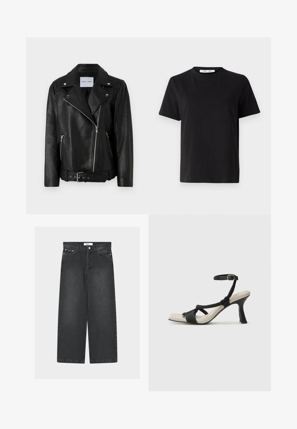 Čierna kožená motorkárska bunda so striebornými zipsami, opaskom v páse a špicatými klopami. Obsahuje dve vrecká na zips a hladkú textúru.; Čierne tričko s krátkym rukávom vyrobené z mäkkej bavlny, s okrúhlym výstrihom, uvoľneným strihom a hladkou štruktúrou. Žiadne viditeľné vzory ani grafika.; Čierne široké rifle z denimu s vysokým pásom, prednými vreckami a zapínaním na gombík. Majú sťahovací pás a hladkú textúru.; Čierne sandále na podpätku s pleteným pásikom, štvorcovou špičkou a nastaviteľným remienkom okolo členka. Svetlobéžová stielka s lesklým čiernym podpätkom.